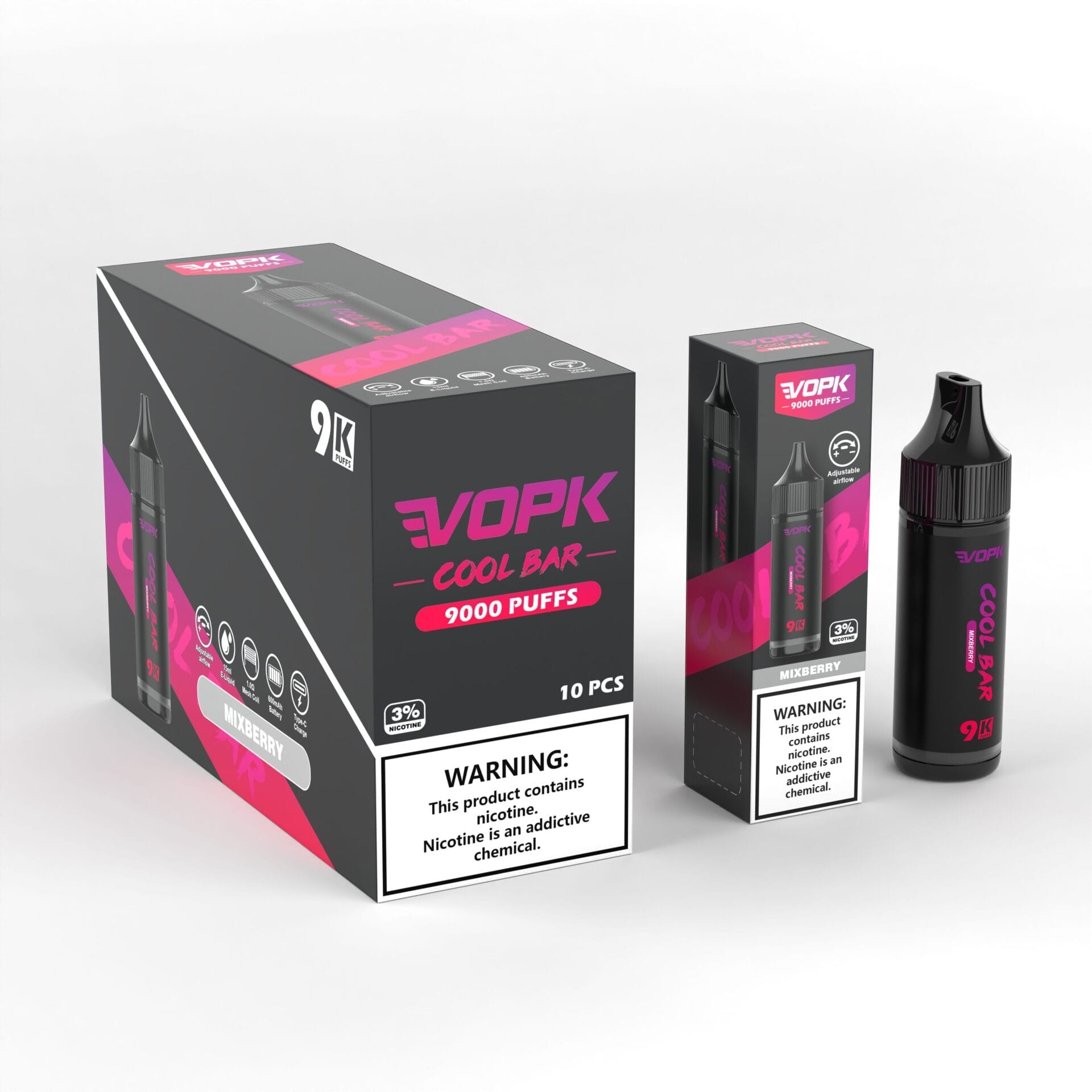 VOPK Cool Bar 9000 Puffs | 3% strength, 15mL, airflow control, bulk disposable  vape