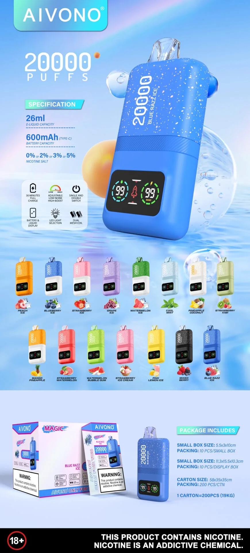 AIVONO AIM MAGIC 20000 Puffs 0% 2% 3% 5% Nicotine Rechargeable Bulk Buy Disposable Vape Wholesale