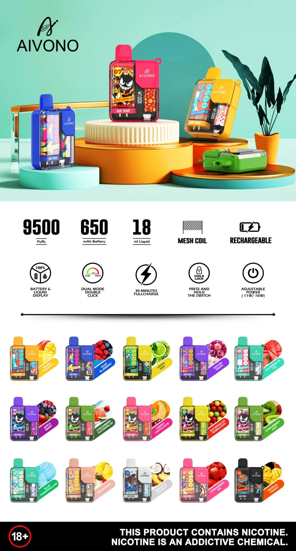 AIVONO AIM TANK 9500 Puffs Vape de unică folosință – 0% până la 5% Nicotină reîncărcabilă tip C Cumpărare în vrac AIVONO AIM TANK 9500 Puffs Vape de unică folosință – 0% până la 5% Nicotină reîncărcabilă tip C Cumpărare în vrac