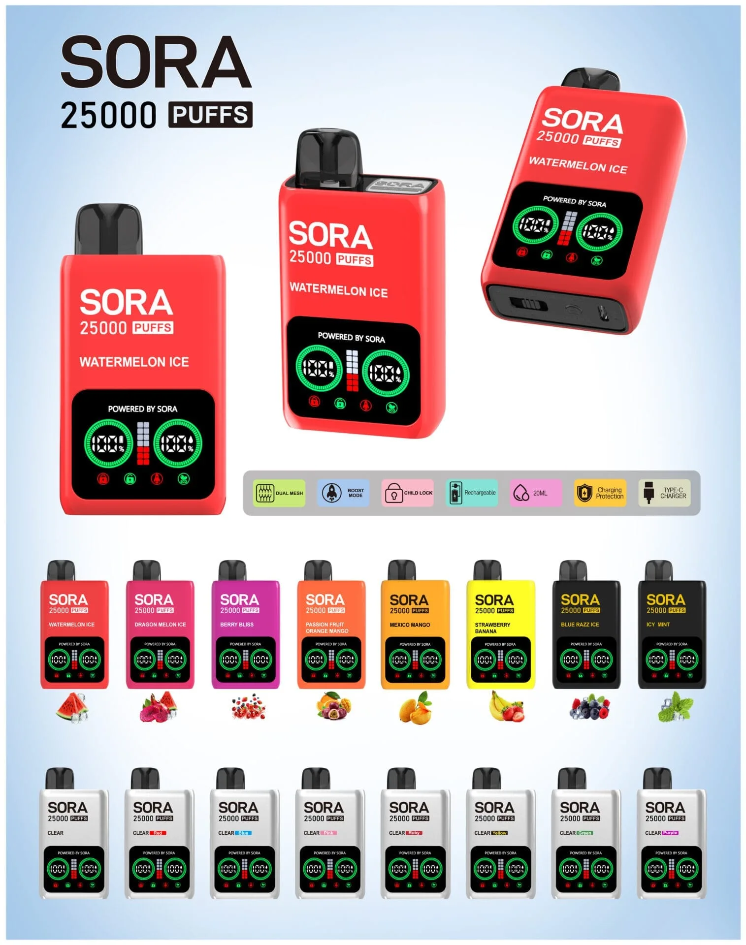 SORA 25K Dual Mesh 5% nikotin újratölthető Tömeges vásárlás eldobható Vape nagykereskedés SORA 25K Dual Mesh 5% nikotin újratölthető Tömeges vásárlás eldobható Vape nagykereskedés