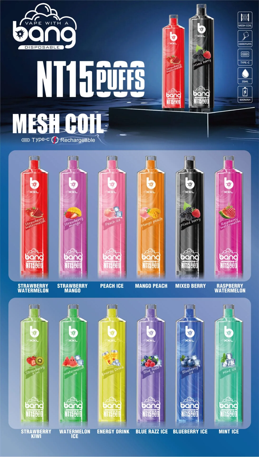 Bang SHISHA 15000 Puffs XXL 0%-2%-5% Nicotine Rechargeable Disposable Vape Wholesale