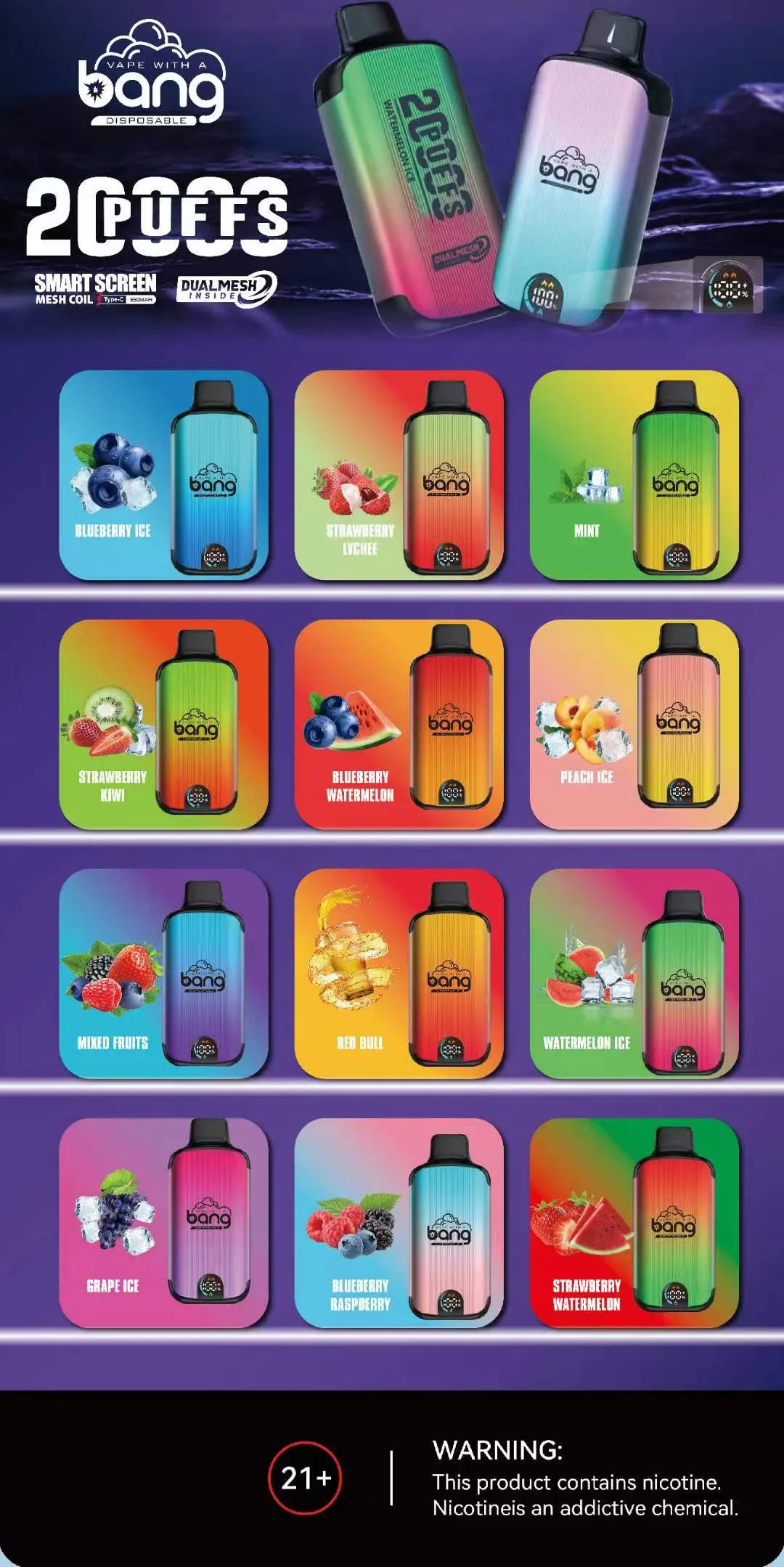 Bang Vape 20000 Puffs 0% 2% 3% 5% Bang box Nikotyna Wyświetlacz LED Akumulator Kupuj hurtowo Jednorazowe Vape Hurtowo Bang Vape 20000 Puffs 0% 2% 3% 5% Bang box Nikotyna Wyświetlacz LED Akumulator Kupuj hurtowo Jednorazowe Vape Hurtowo