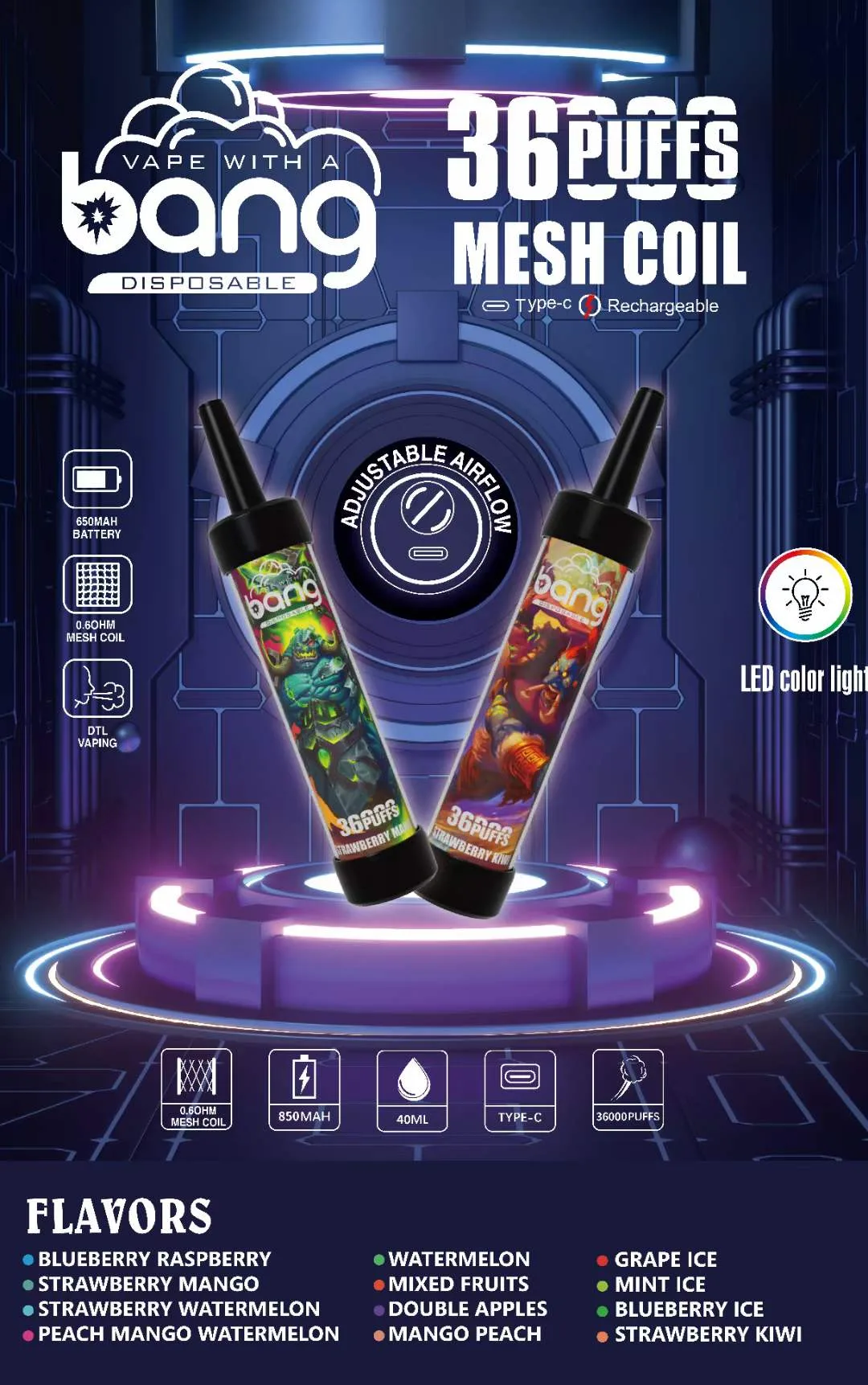 "Bang King" 36000 Puffs vienkartiniai Vape 0/2/3/5% nikotino įkraunamas su LED spalvų šviesa Didmeninė prekyba "Bang King" 36000 Puffs vienkartiniai Vape 0/2/3/5% nikotino įkraunamas su LED spalvų šviesa Didmeninė prekyba