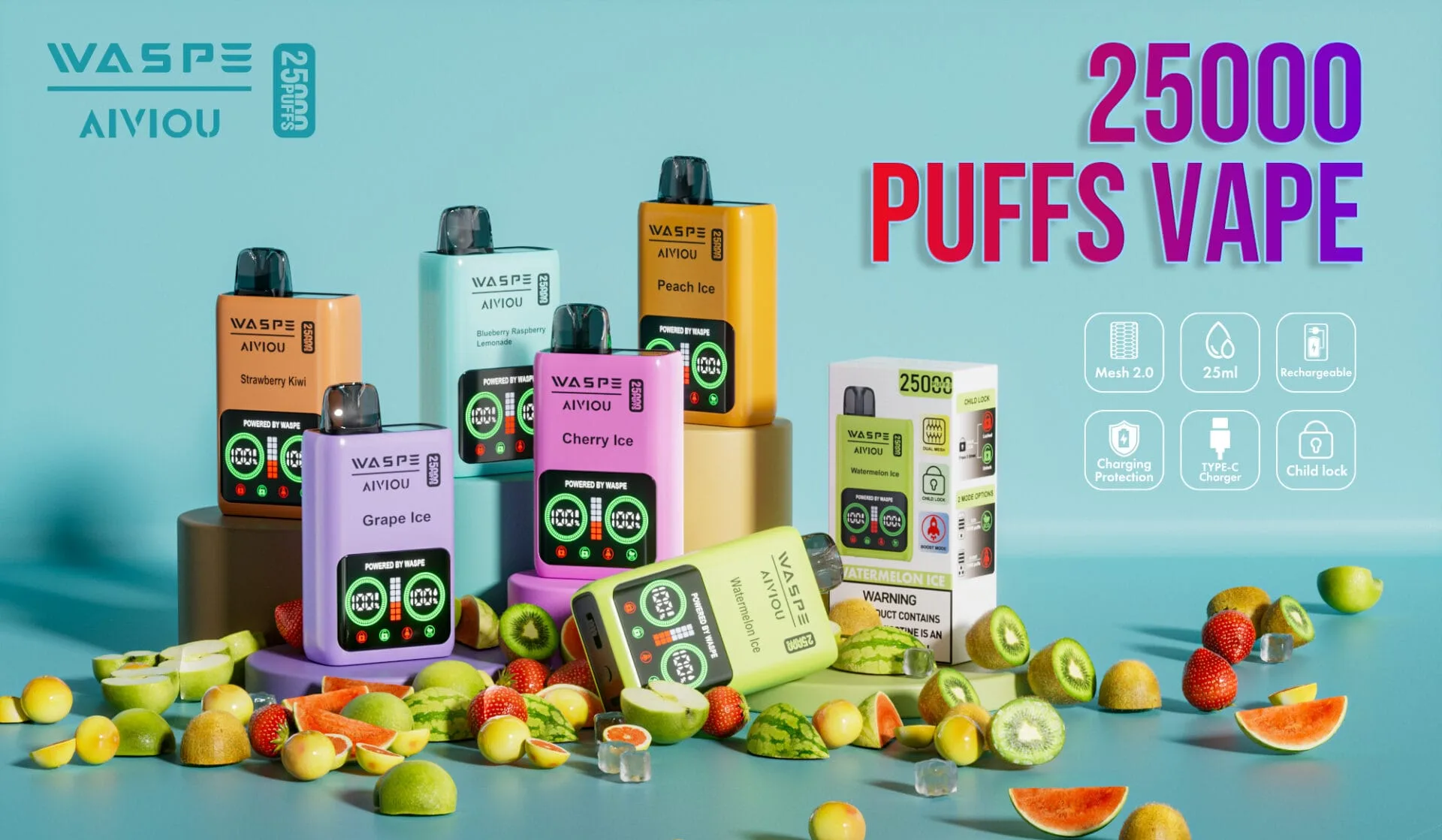 WASPE 25K Dual Mesh jednorázové Vape 25ml 0%2% 5%Nicotine dobíjecí velkoobchodní nákup WASPE 25K Dual Mesh jednorázové Vape 25ml 0%2% 5%Nicotine dobíjecí velkoobchodní nákup