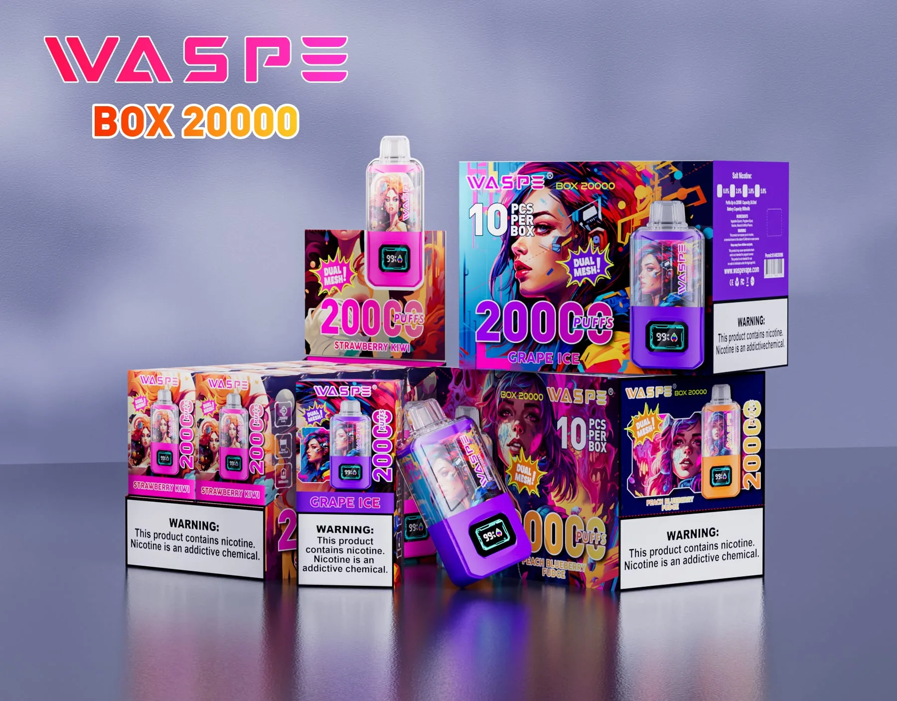 Waspe 20000 Puffs Dual Mesh Box 0% 2% 3% 5% Nicotine Rechargeable Bulk Buy Disposable Vape Wholesale