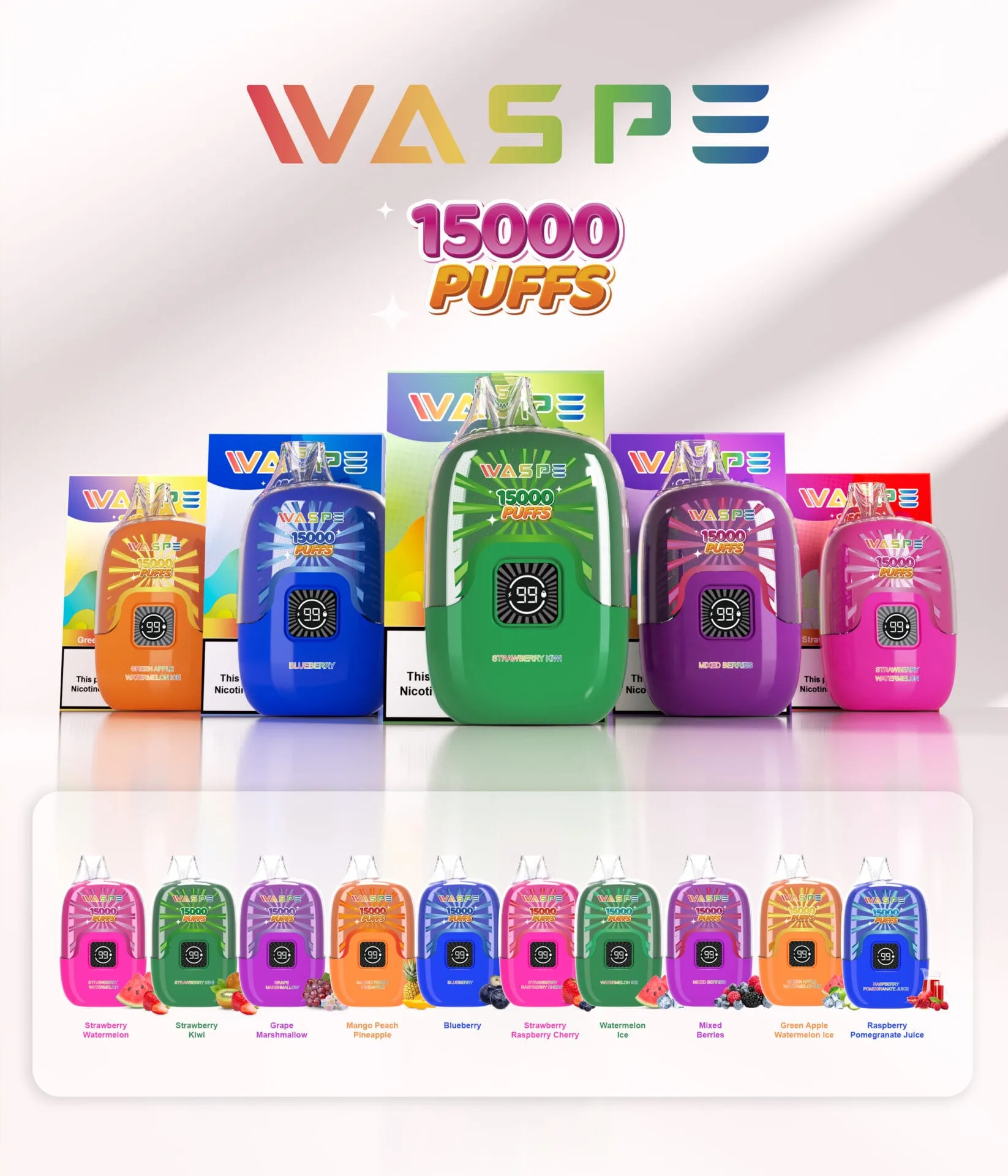 Waspe 15000 Puffs Digital Box - 0% 2% 3% 5% Polnilna naprava za množični nakup na debelo za enkratno uporabo Vape