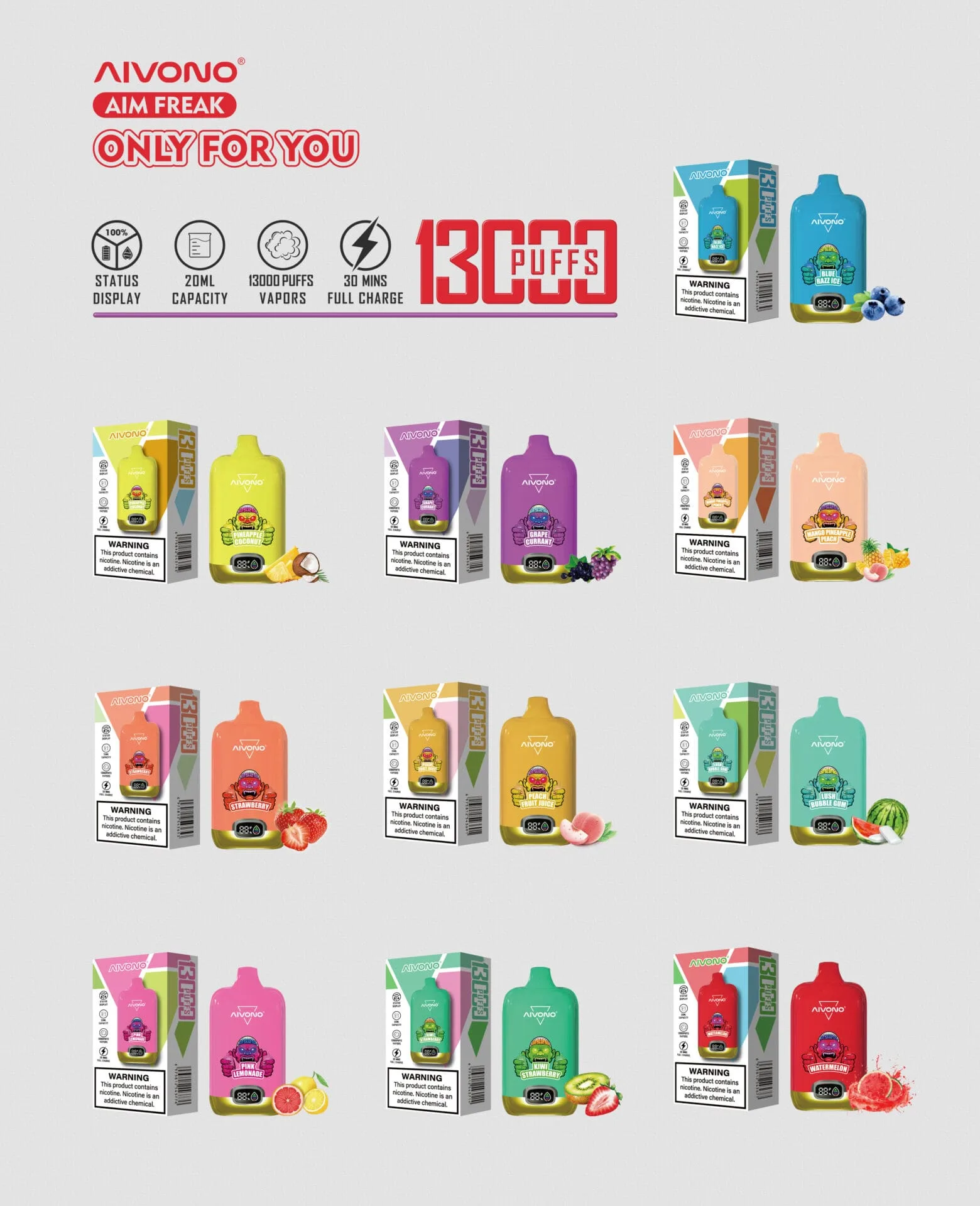 AIVONO AIM FREAK 13000 Puffs Einweg Vape - 0% 2% 3% 5% Nikotin Optionen Wiederaufladbar Typ-C Bulk Buy