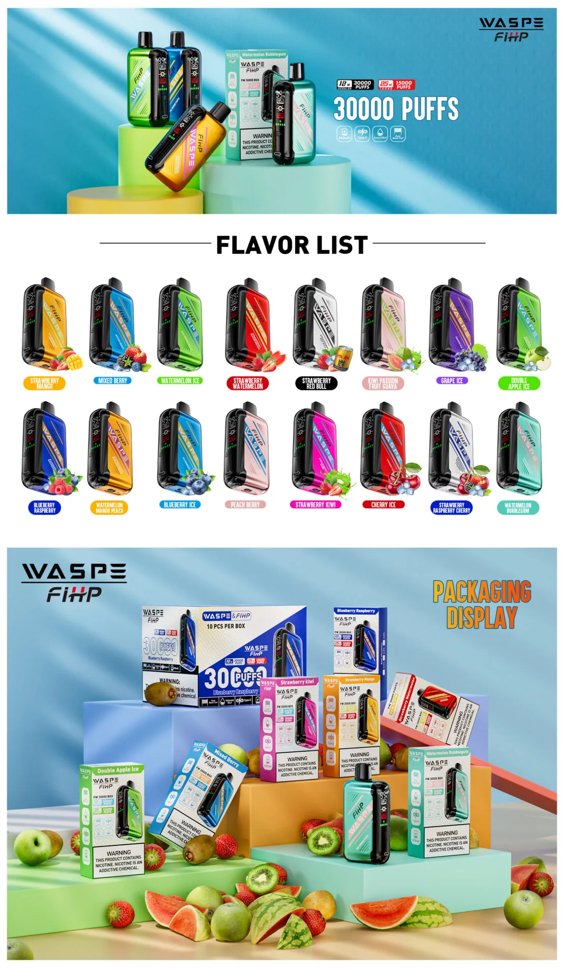 WASPE 30000 Puffs Disposable Vape Wholesale @€5.62- 16 Flavors 850mAh Rechargeable WASPE 30000 Puffs Disposable Vape Wholesale @€5.62- 16 Flavors 850mAh Rechargeable