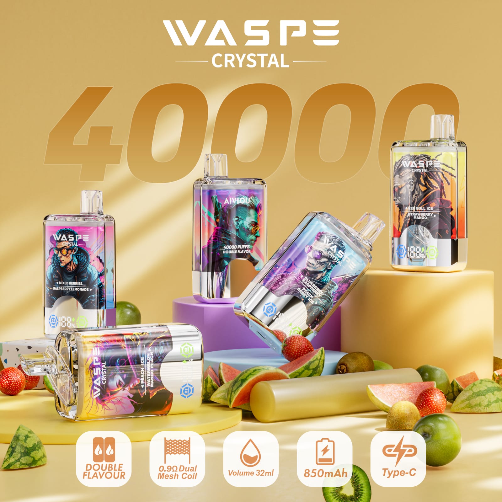 WASPE Crystal 40K 40000 Puffs | dvojni okus za enkratno polnjenje vape v razsutem stanju 26 WASPE Crystal 40K 40000 Puffs | dvojni okus za enkratno polnjenje vape v razsutem stanju na debelo,