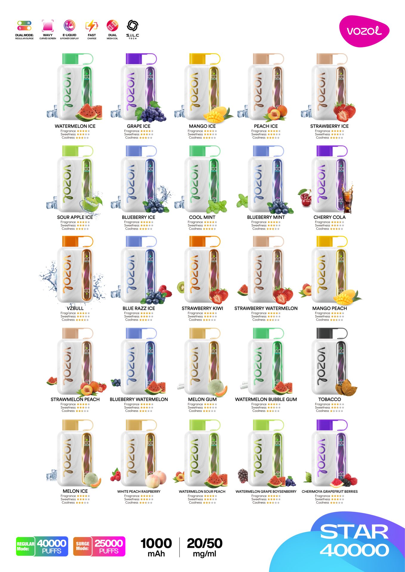 Vozol Star 40000 Puffs | dual mode 40000 puffs χύμα αναλώσιμος ατμός με κυματιστή οθόνη,