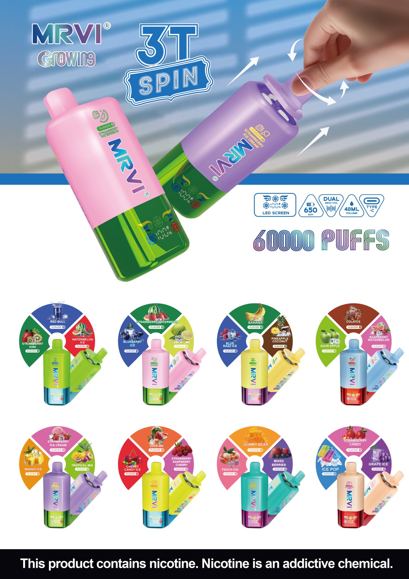 MRVI GROWING 60K 3T SPIN 60000 Puffs | triple flavor bulk disposable vape,
