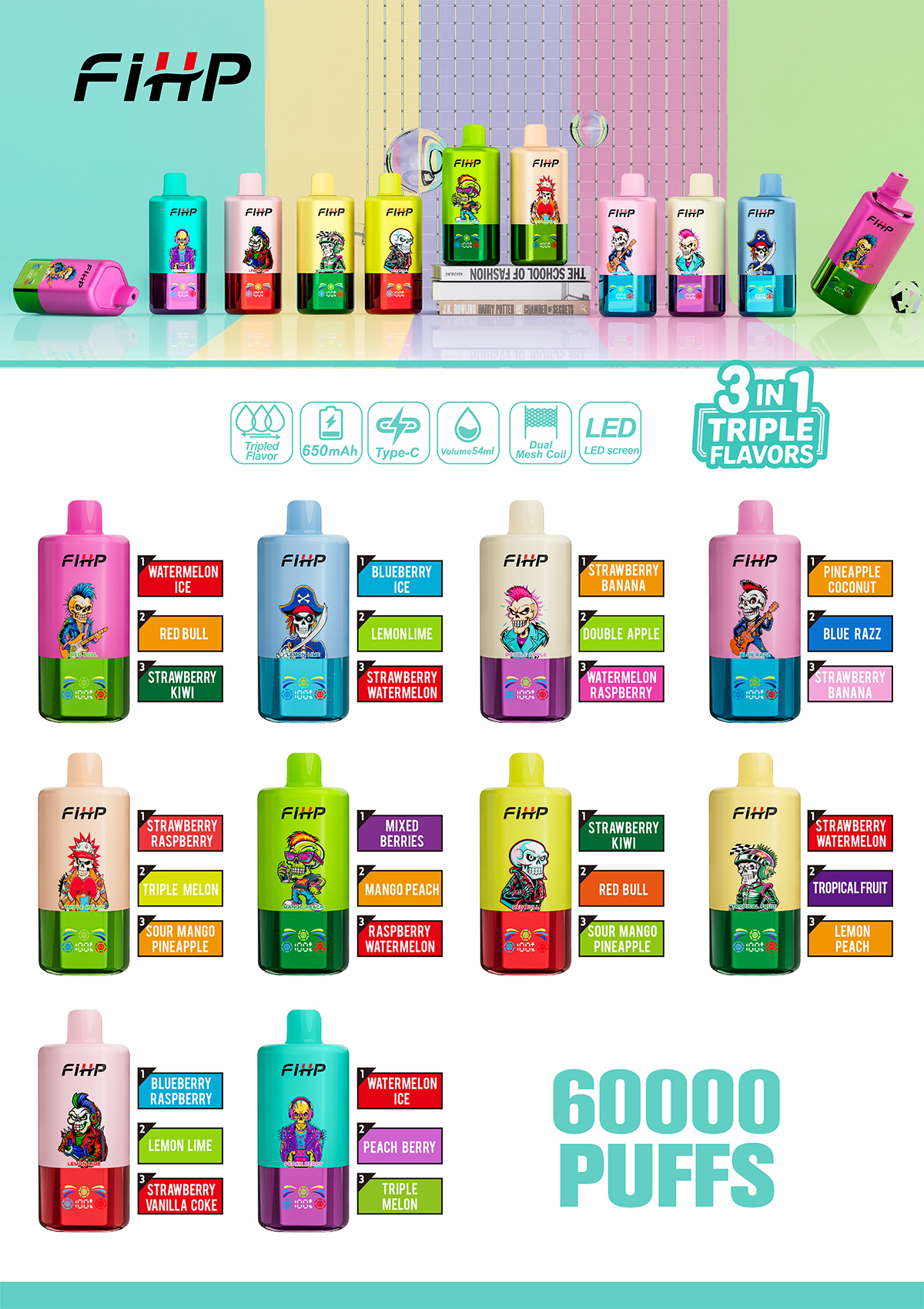 FIHP 60K Triple 3-in-1 | 60000 puffs triple flavor engangs vape engros,