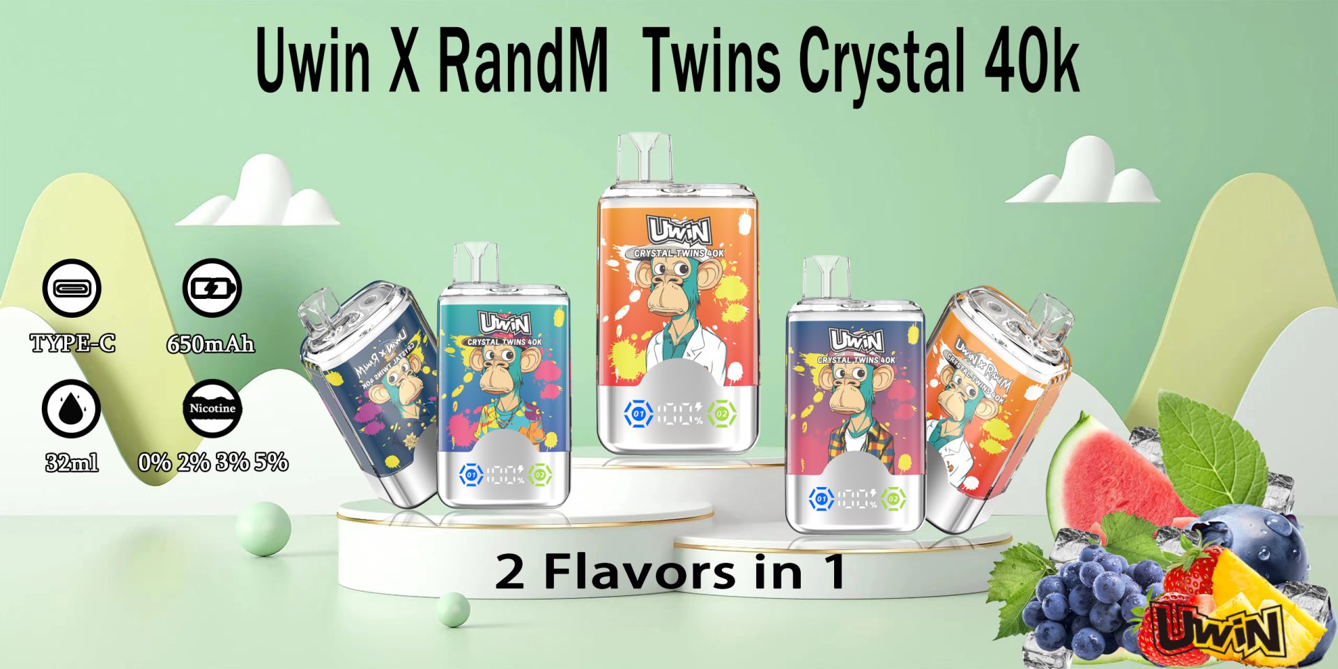 Uwin Crystal Twins 40K | dvigubas skonis 40000 dūmų, tinklinė ritė, vienkartinis vienkartinis vape,