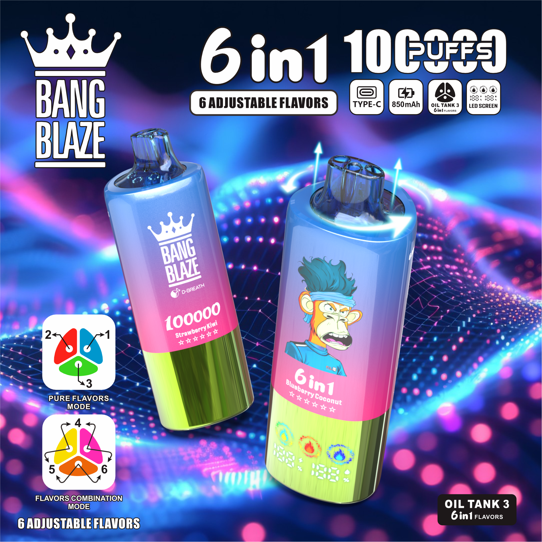 Bang Blaze 100K 6-in-1 100000 Puffs | triple tank bulk disposable vape with  led screen