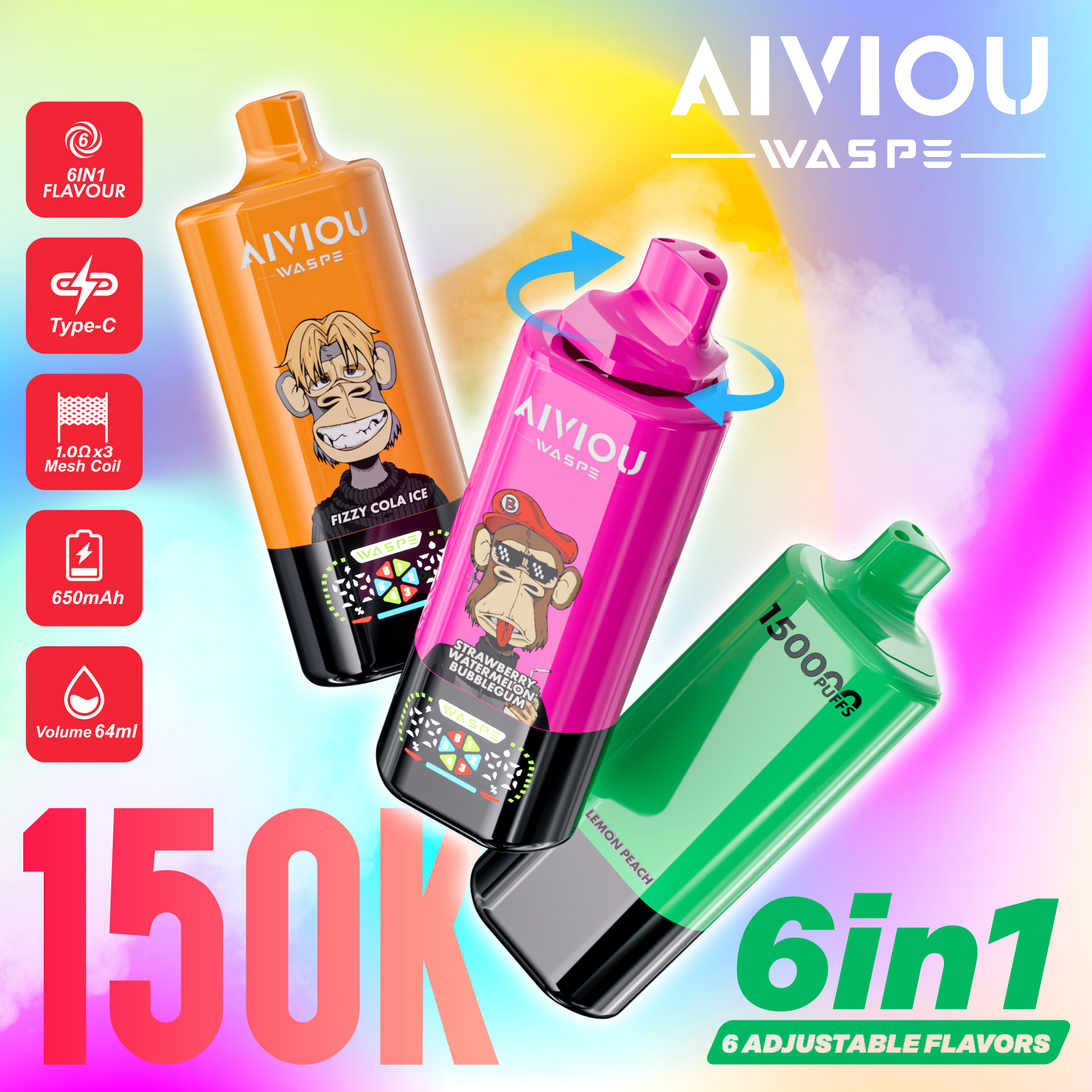 6 flavor vape WASPE AIVIOU 150K | 150000 puffs, 64mL, 6 options in one, 6-in-1,  longest-lasting, bulk disposable vape