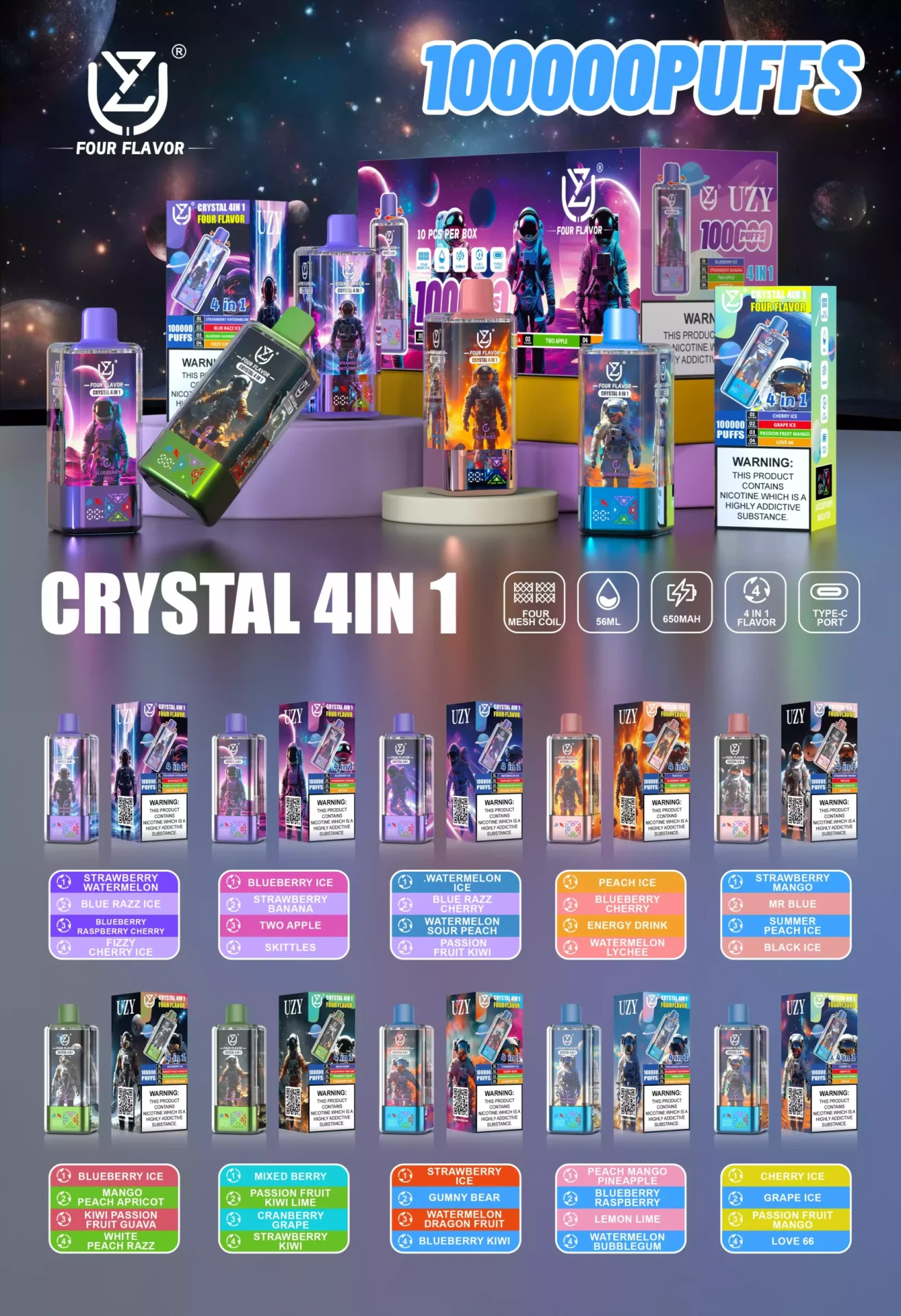 UZY Crystal Four Flavours 100000 Puffs 💎 | 4-в-1 чотиригранна сітчаста котушка, що перезаряджається одноразовий вейп 2 UZY Crystal Four Flavours 100000 Puffs