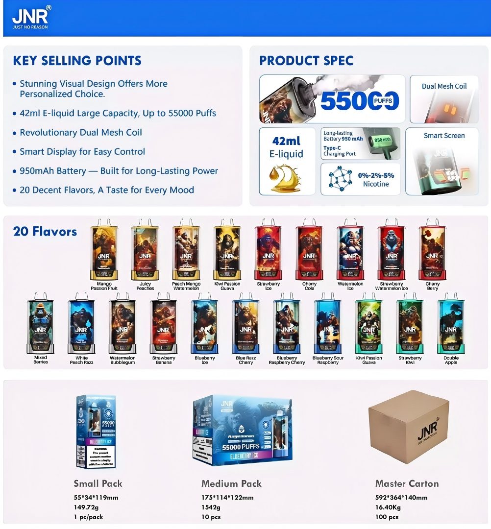 JNR RAGE GORILLA 55K Puffs | dual mesh coil smart screen ühekordselt kasutatav vape,