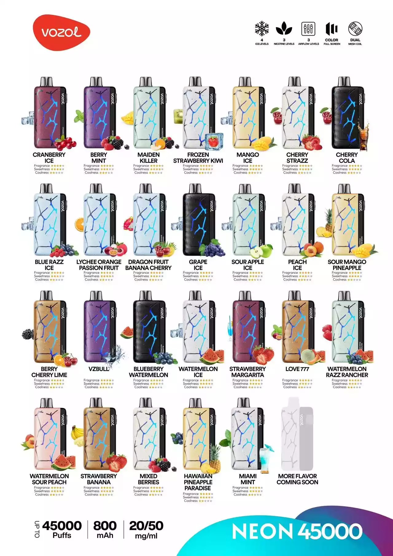 VOZOL NEON 45K | ultralange 45000 trekjes 20 ml 50 mg oplaadbare wegwerpvape groothandel