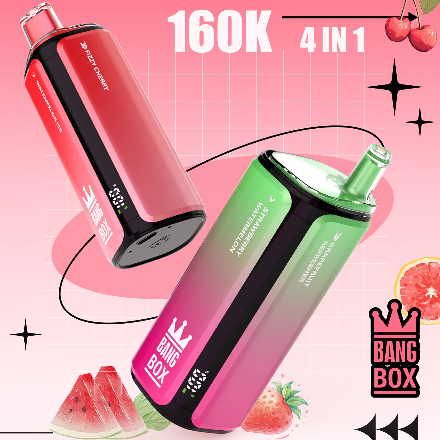 Bang Box 160K | 4-in-1 160000 puffs, quad flavor, 1.0Ω mesh coil, LCD display, 0%-5% nicotine, rechargeable bulk disposable vape
