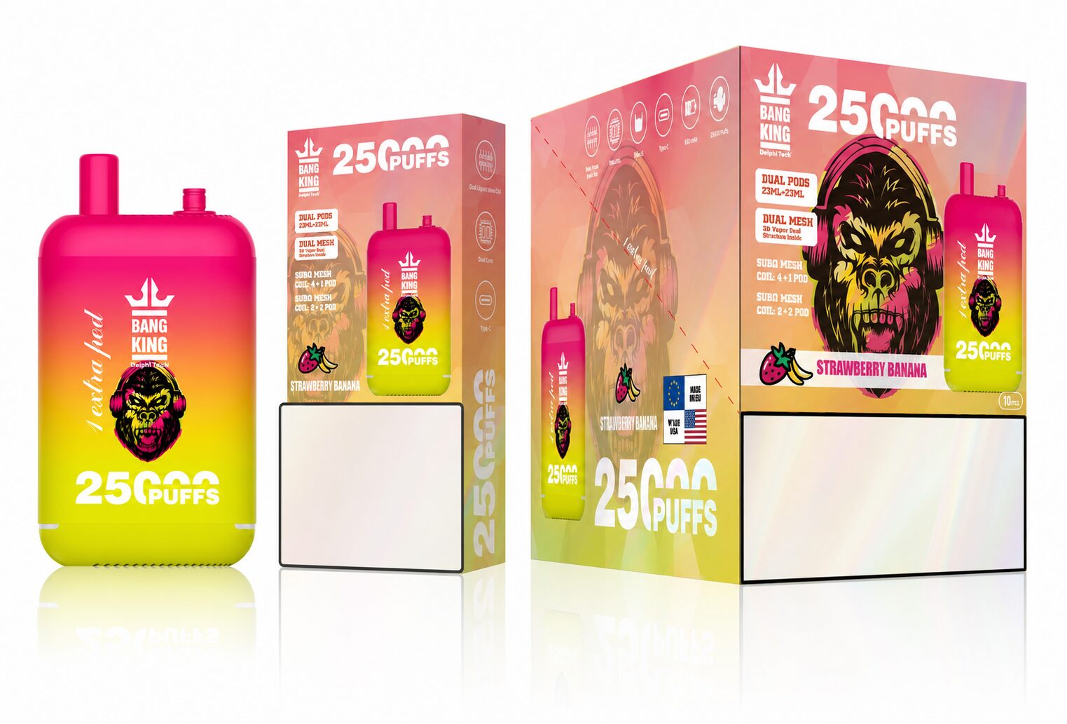 bulk vape flavors Bang King 25000 Puffs | dual pods 0%-5% strength, 46mL 650mAh disposable flum mello strawberry blast Cranberry Grape Vape Included Nicotine Shots:2 70/30 Nicotine Shot (3mg)